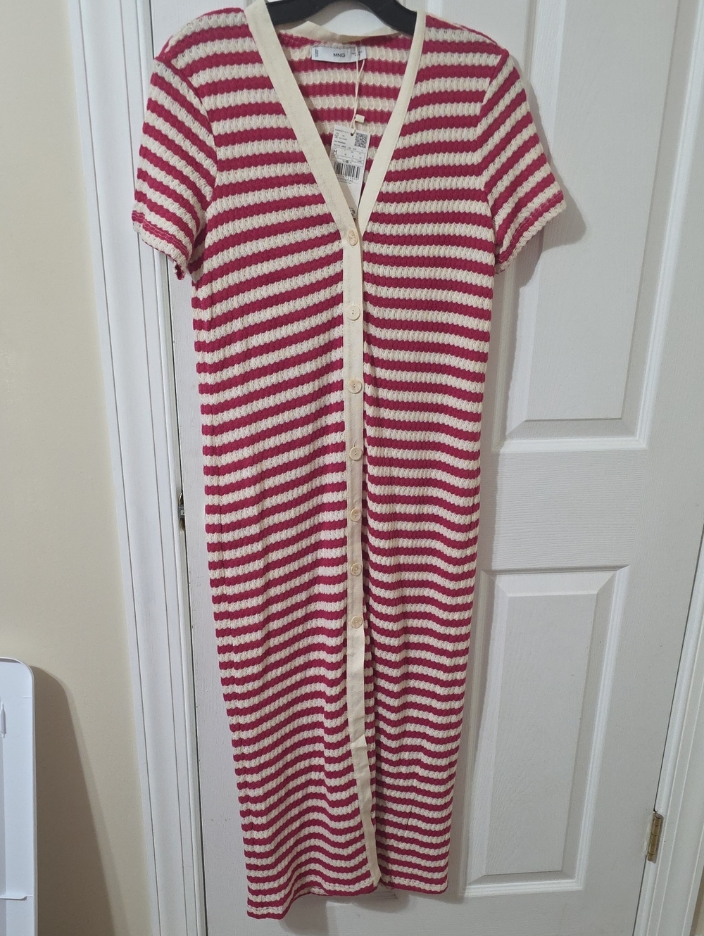 Mango Striped Midi Button-Front Dress in Red and Cream